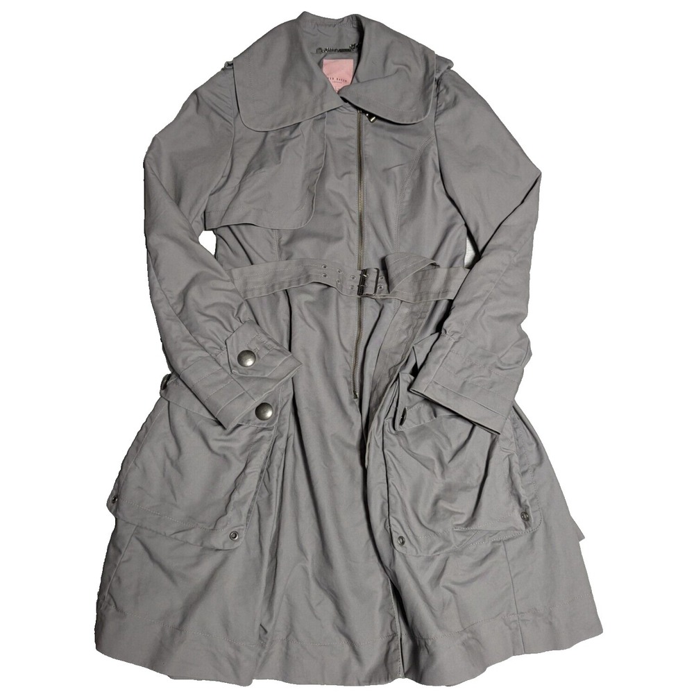 TED‎ BAKER LONDON Women Size 2 Gray Belted Lined Full Zip Trench Coat